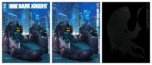 ONE DARK KNIGHT #1 MIKE MAYHEW SNEAKERHEAD TRADE/MINIMAL VARIANT SET LIMITED TO 1500 SETS & 1:25 LEE GARBETT BLACKOUT VARIANT